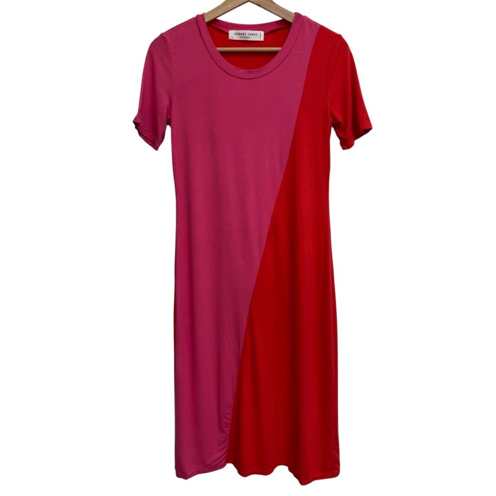 Sonnet James A Play Dress Midi Women XS Asymmetric Color Block Pink Red